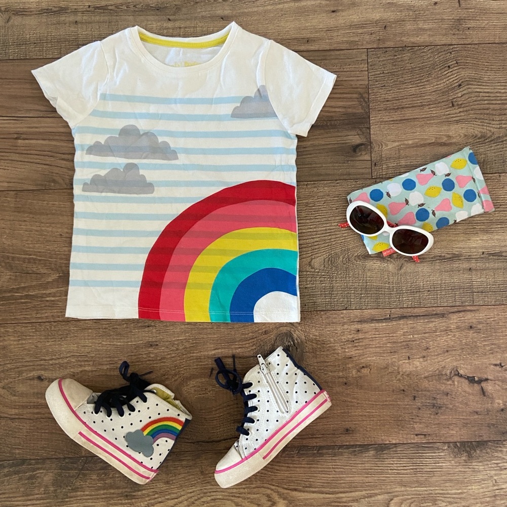 Mini Boden Rainbow Bundle, T-Shirt Size 4-5.  Shoes size 27.